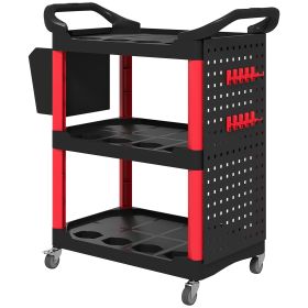 HOMCOM 3-Tier Rolling Tool Cart, 200 LBS Capacity Plastic Utility Cart with Side Shelf and Storage Bucket, Black & Red