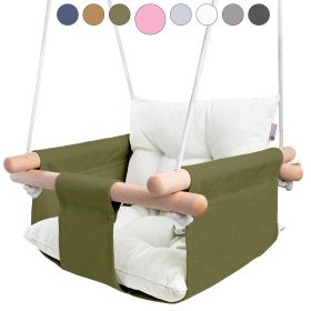 Canvas Baby Swing Wooden Hanging Swing Seat Chair with Safety Belt Durable Baby Swing Chair Outdoor and Indoor Swing for Kids Mounting Hardware Includ (Brand: Cateam)