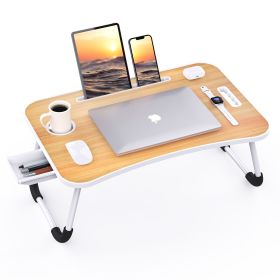 Foldable Laptop Table Portable Lap Desk Bed Table Tray Laptop Stand with Cup Holder & Tablet Slot & Lifting Handle for Working Writing Drawing & Eatin (Color: WOOD)